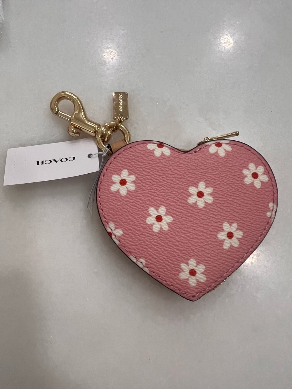 Coach Pink Floral Heart Coin Pouch Keychain